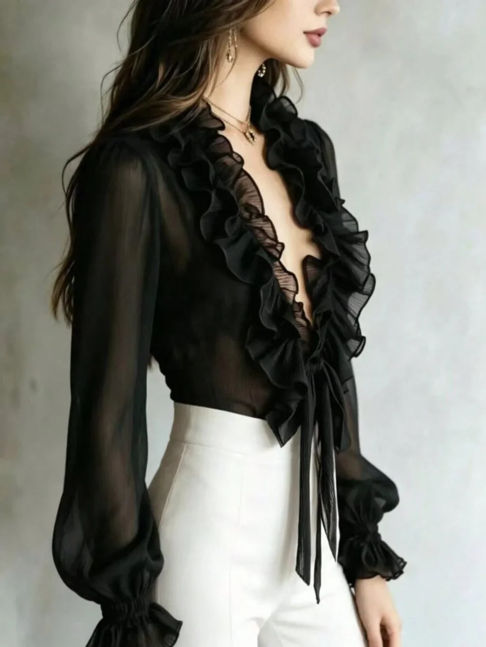Black Elegant Women's Loose Plain Ruffle V-Neck Tie-Front Draped Blouse